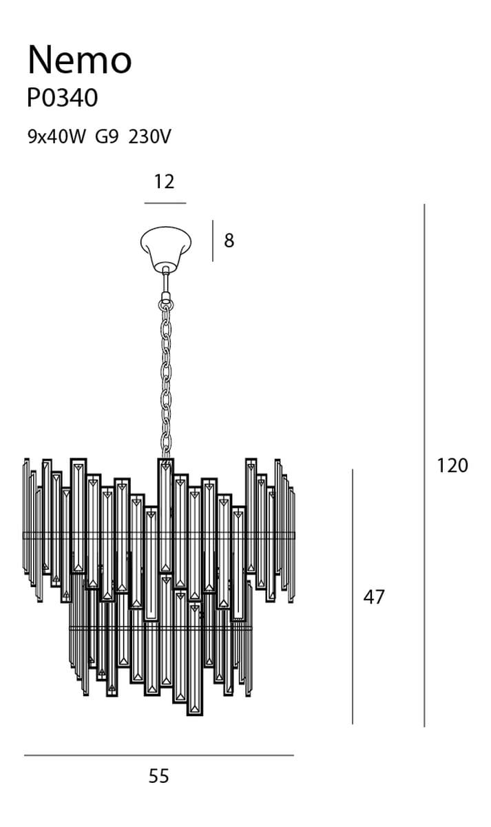 Lampa wisząca Nemo P0340, 9-punktowa, z żarówkami G9, o wymiarach 120 cm wysokości i 55 cm średnicy. Posiada metalową konstrukcję z poziomymi elementami w różnych długościach, zawieszona na łańcuchu. Kolor: metaliczny.