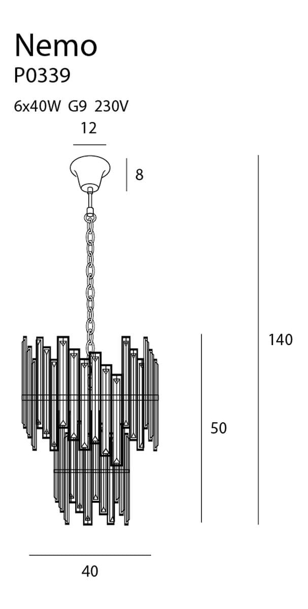Lampa wisząca Nemo P0339, sześciopunktowa, z metalowymi elementami w formie prostokątów. Wymiary: 140 cm wysokości, 50 cm szerokości, zawieszona na łańcuszku. Przeznaczona do żarówek G9, 230V.