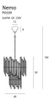 Lampa wisząca Nemo P0339, sześciopunktowa, z metalowymi elementami w formie prostokątów. Wymiary: 140 cm wysokości, 50 cm szerokości, zawieszona na łańcuszku. Przeznaczona do żarówek G9, 230V.