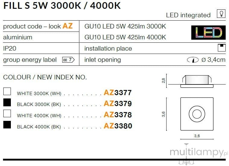 Oprawa sufitowa Fill S LED 3000K, biała, wykonana z aluminium, o średnicy 3,6 cm i wysokości 2,8 cm. Zintegrowane źródło LED, z otworem instalacyjnym o średnicy 3,4 cm. Idealna do zabudowy w sufitach.