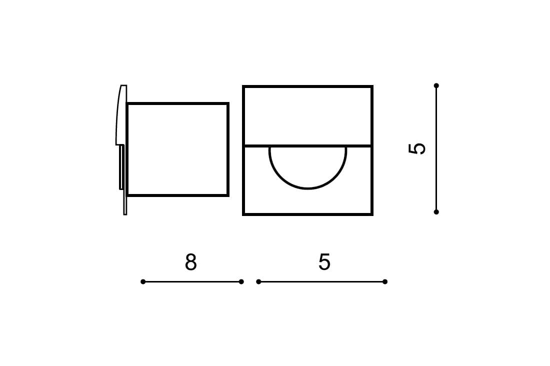 Oprawa schodowa Sane D40 LED w kolorze białym, do zabudowy, o wymiarach 8 cm (szerokość) x 5 cm (wysokość) x 5 cm (głębokość). Posiada okrągły otwór w dolnej części. Montowana w pozycji poziomej, idealna do oświetlenia schodów.