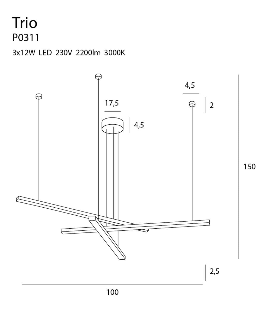 Czarna lampa wisząca Trio LED 3-punktowa P0311 o nowoczesnym designie. Składa się z trzech krzyżujących się ramion, z zawieszeniem na linkach. Wymiary: 100 cm szerokości, 150 cm wysokości. Idealna do nowoczesnych wnętrz.