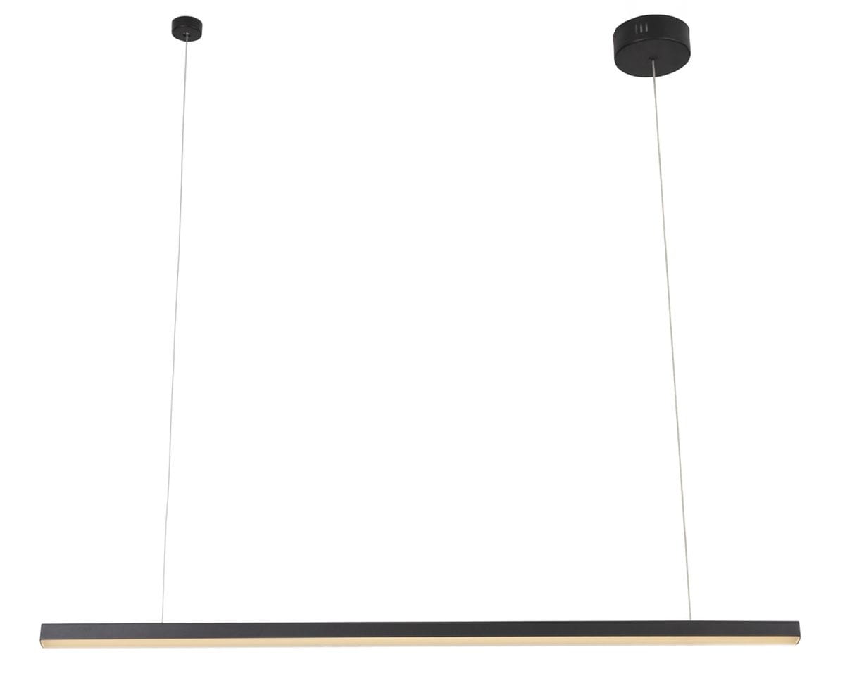 Czarna lampa wisząca LED o prostokątnym kształcie, zawieszona na cienkich linkach. Posiada minimalistyczny design z matowym wykończeniem. U góry widoczny sufitowy uchwyt w tym samym kolorze. Idealna do nowoczesnych wnętrz.