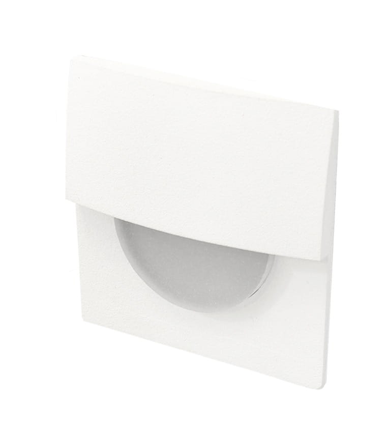 Oprawa schodowa Sane D60 LED w kolorze białym, 1-punktowa, do zabudowy. Posiada prostokątną, matową obudowę z zaokrąglonym, szklanym kloszem. Ujęcie frontalne, produkt leżący na białym tle, idealny do oświetlenia schodów i korytarzy.