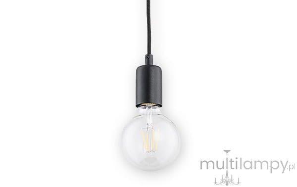 Lampa wisząca Maris 1-punktowa w kolorze czarnym, z okrągłym kloszem z przezroczystego szkła. Ujęcie z przodu, zawieszona na czarnym przewodzie. Widoczna żarówka o klasycznym kształcie wewnątrz klosza.