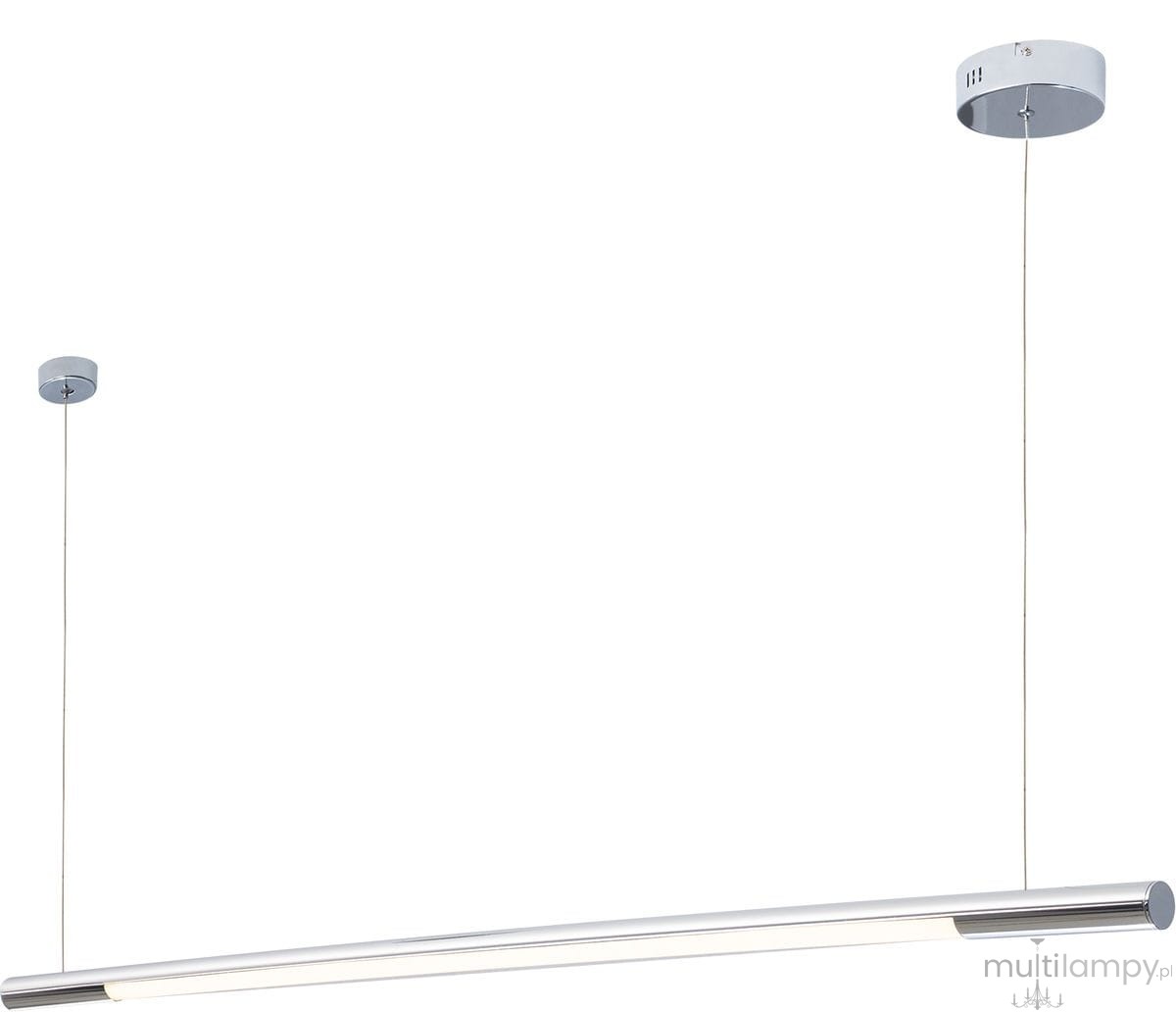 Lampa wisząca Organic LED D100 w chromowanej obudowie, z długim, prostokątnym kloszem LED. Zawieszona na cienkich linkach, z okrągłym mocowaniem sufitowym. Prosta forma, idealna do nowoczesnych wnętrz.