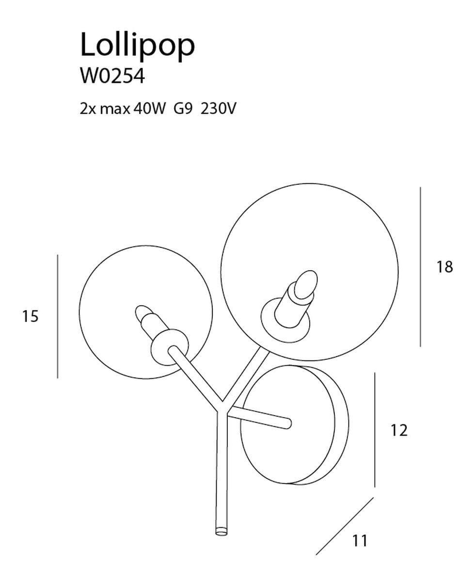 Lollipop kinkiet 2-punktowy w kolorze mosiądzu, z dwoma okrągłymi kloszami. Produkt ma kształt przypominający gałązkę, z centralnym mocowaniem i wymiarami 18 cm wysokości i 15 cm szerokości. Przeznaczony do żarówek G9.