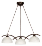 Lampa wisząca 3-punktowa Loko O1743 RW z brązowym stelażem i trzema białymi, półprzezroczystymi kloszami w kształcie kopuły, zawieszona na długich przewodach, umieszczona pod sufitem.
