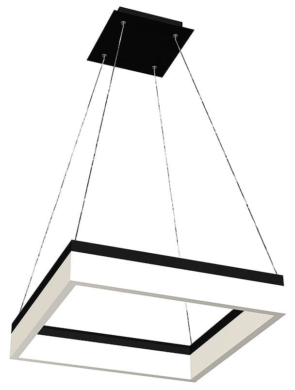 Nero LED lampa wisząca 1-punktowa o kwadratowym kształcie, z czarnym metalowym stelażem i białymi akcentami. Zawieszona na cienkich linkach, montowana do sufitu. Idealna do nowoczesnych wnętrz.
