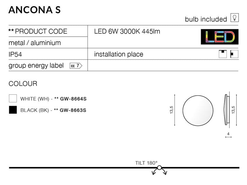 Czarny kinkiet Ancona S IP54 LED o średnicy 13,5 cm, wykonany z metalu i aluminium. Posiada jedną żarówkę LED o mocy 6W i temperaturze barwowej 3000K. Możliwość regulacji kąta nachylenia do 180°. Przeznaczenie do użytku wewnętrznego i zewnętrznego.