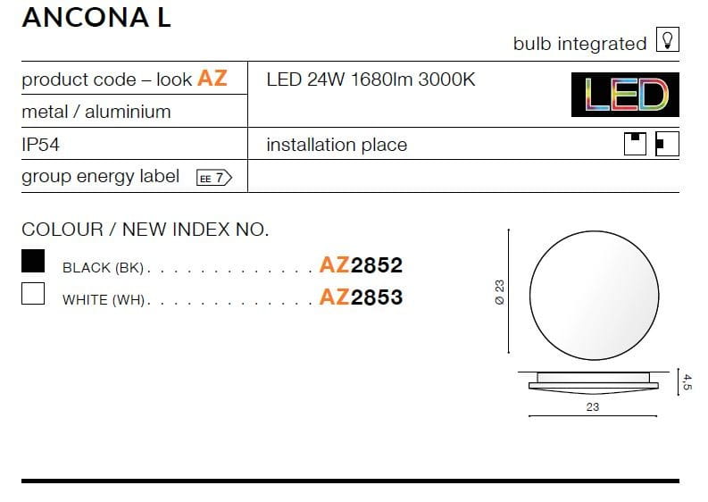 Kinkiet Ancona L IP54 LED, 1-punktowy, biały, okrągły, wykonany z aluminium. Średnica 23 cm, wysokość 4,5 cm. Zintegrowane źródło światła LED 24W, 1680lm, 3000K. Odporny na pył i wodę (IP54).