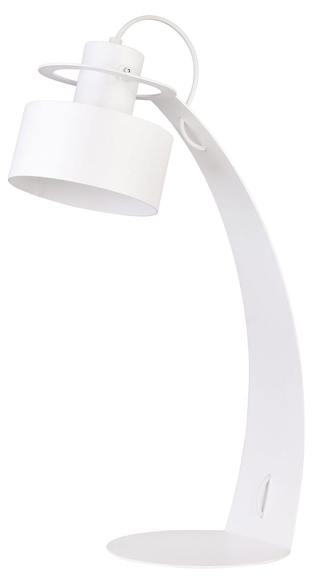 Lampka stołowa Rif w kolorze białym, z okrągłym kloszem i cienką, zakrzywioną podstawą. Ujęcie boczne, prezentujące elegancki, minimalistyczny design i detale konstrukcji. Idealna do biura lub sypialni.