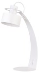 Lampka stołowa Rif w kolorze białym, z okrągłym kloszem i cienką, zakrzywioną podstawą. Ujęcie boczne, prezentujące elegancki, minimalistyczny design i detale konstrukcji. Idealna do biura lub sypialni.