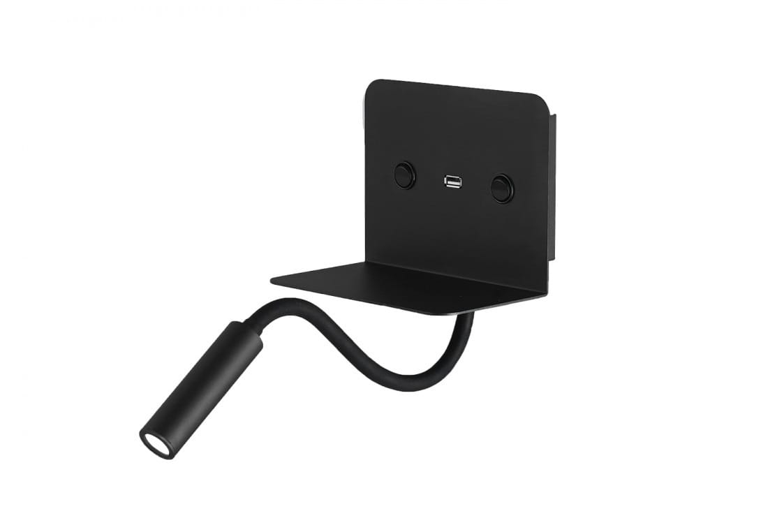Kinkiet LED Vera 2-punktowy w kolorze czarnym z elastycznym ramieniem. Posiada dwa przyciski oraz port USB na ścianie montażowej. Ujęcie z boku, pokazujące kształt i funkcjonalność lampy.