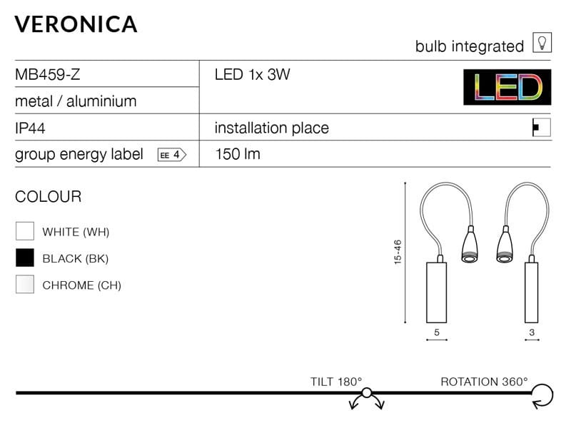Czarny kinkiet LED Veronica IP44 z metalowym korpusem, wysokość 15,5 cm, szerokość 5 cm. Posiada zintegrowaną żarówkę LED 3W, strumień świetlny 150 lm, możliwość regulacji kąta nachylenia i obrotu. Idealny do użytku wewnętrznego i zewnętrznego.