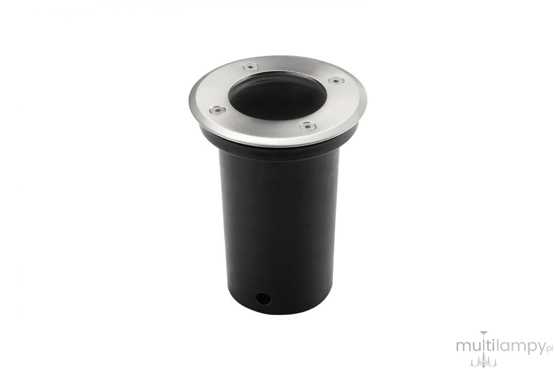 Oprawa dogruntowa Hyde Oval 1-punktowa w kolorze chromu z okrągłym metalowym deklem i czarnym cylindrycznym korpusem. Widoczny otwór na żarówkę, z zamocowanymi śrubami. Ujęcie z boku, pokazujące całość konstrukcji.