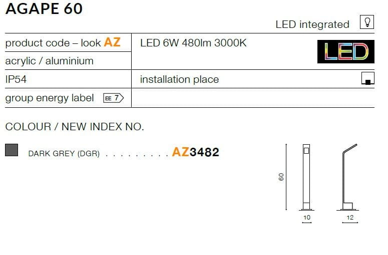 Grafitowa lampa stojąca Agape 60 LED, o wysokości 60 cm, wykonana z akrylu i aluminium. Posiada pojedynczy punkt świetlny, zintegrowane LED 6W 480lm, klasyfikacja IP54, idealna do użytku na zewnątrz.