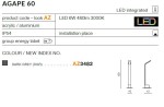 Grafitowa lampa stojąca Agape 60 LED, o wysokości 60 cm, wykonana z akrylu i aluminium. Posiada pojedynczy punkt świetlny, zintegrowane LED 6W 480lm, klasyfikacja IP54, idealna do użytku na zewnątrz.