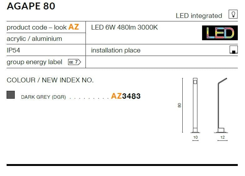 Lampa stojąca ogrodowa Agape 80, 1-punktowa, grafitowa. Wykonana z akrylu i aluminium, wysoka na 80 cm, szeroka na 10 cm. Zintegrowane oświetlenie LED 6W, 480lm, 3000K, klasa IP54, idealna do użytku na zewnątrz.