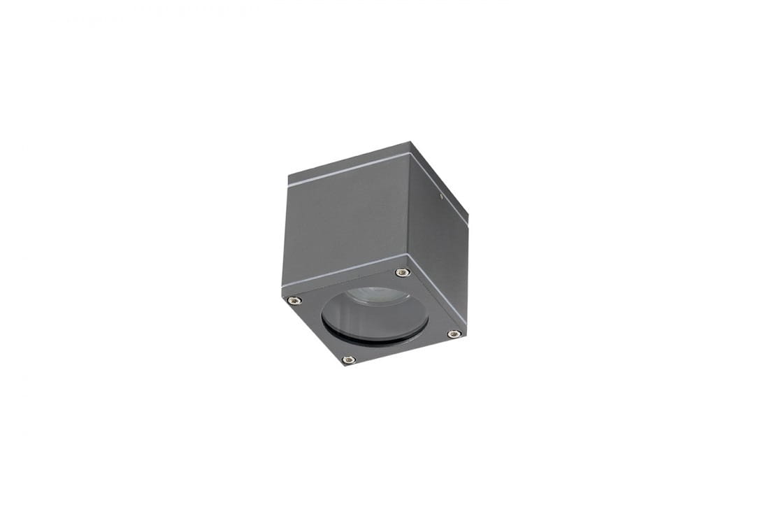 Lampa sufitowa elewacyjna Joe Square w kolorze grafitowym, 1-punktowa. Kwadratowa obudowa z metalicznym wykończeniem, widoczna oprawa na żarówkę, zamontowana w pozycji wiszącej, z widocznymi śrubami mocującymi.