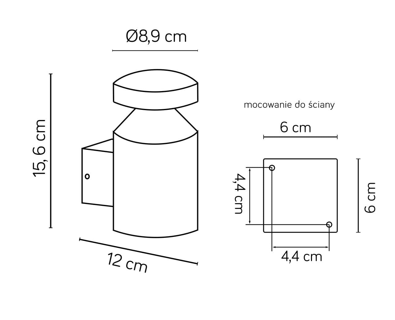 Kinkiet elewacyjny Delta LED 1-punktowy, o wymiarach 15,6 cm wysokości i 12 cm szerokości. Średnica głowicy wynosi 8,9 cm, a kwadratowa podstawa ma 6 x 6 cm. Wykonany z materiałów odpornych na warunki atmosferyczne.