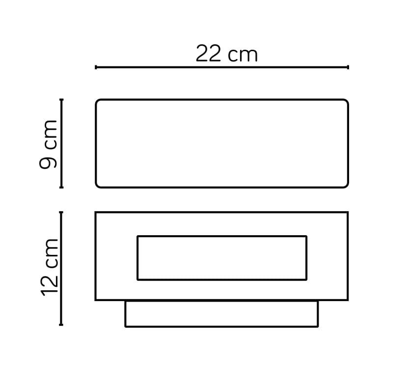 Zen kinkiet elewacyjny 1-punktowy ZN-K100 w prostokątnej formie o wymiarach 22 cm szerokości, 12 cm wysokości i 9 cm głębokości. Zainstalowany w pozycji poziomej, z widocznym otworem na źródło światła. Idealny do oświetlenia elewacji.