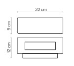 Zen kinkiet elewacyjny 1-punktowy ZN-K100 w prostokątnej formie o wymiarach 22 cm szerokości, 12 cm wysokości i 9 cm głębokości. Zainstalowany w pozycji poziomej, z widocznym otworem na źródło światła. Idealny do oświetlenia elewacji.