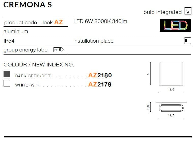 Cremona S LED kinkiet elewacyjny 1-punktowy w kolorze białym, wykonany z aluminium, zintegrowanym źródłem światła LED 6W, wymiarach 11,5 cm x 2,9 cm x 9 cm, z klasą szczelności IP54, idealny do użytku na zewnątrz.