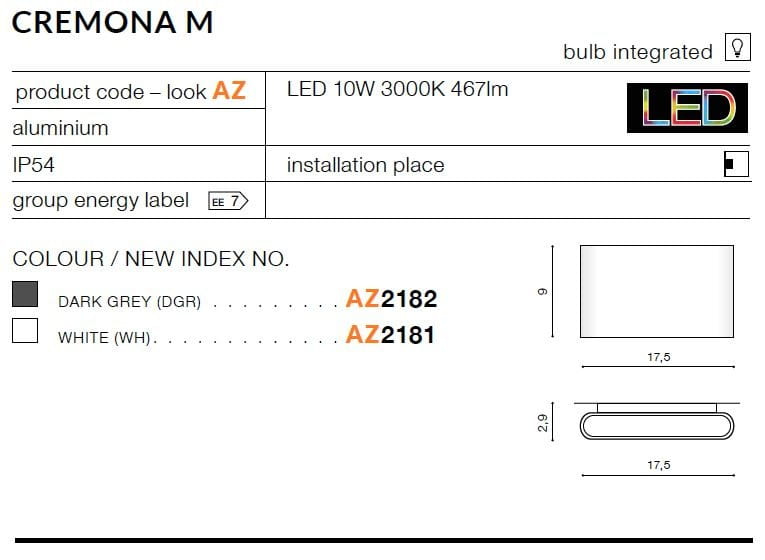 Kinkiet elewacyjny Cremona M LED 1-punktowy w kolorze grafitowym, wykonany z aluminium. Posiada zintegrowane źródło światła LED o mocy 10W, IP54. Prosty, prostokątny kształt, z wymiarami 17,5 cm x 2,9 cm x 9 cm.
