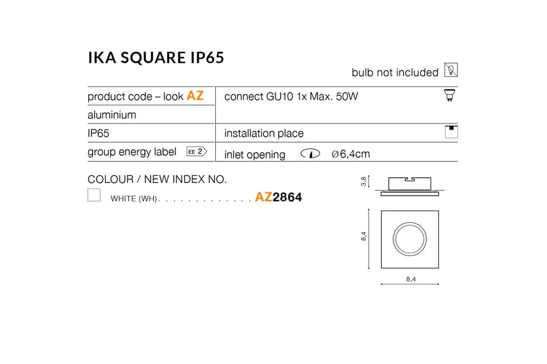 Ika Square IP65, biała oprawa sufitowa, 1-punktowa, wykonana z aluminium. Wymiary: 8,4 cm x 8,4 cm, wysokość 3,8 cm. Otwór montażowy o średnicy 6,4 cm. Przeznaczona do instalacji wewnętrznych, odporna na wilgoć (IP65). Żarówka nie jest dołączona.