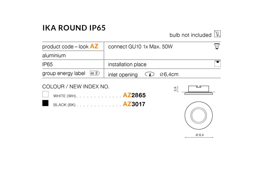 Oprawa sufitowa Ika Round IP65 w kolorze białym, wykonana z aluminium. Okrągły kształt, średnica 8,4 cm, głębokość 3,8 cm. Przeznaczona do montażu w sufitach, z otworem o średnicy 6,4 cm. Produkt do instalacji z żarówką GU10 (brak w zestawie).