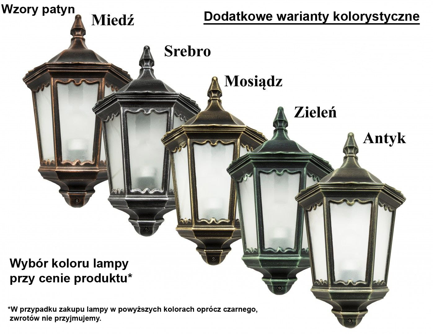 Lampa wisząca ogrodowa Retro Classic 1-punktowa w kolorze czarnym. Produkt ma szklaną osłonę i ozdobne detale w stylu retro. Widoczne warianty kolorystyczne: miedź, srebro, mosiądz, zieleń i antyk. Ujęcie frontalne.