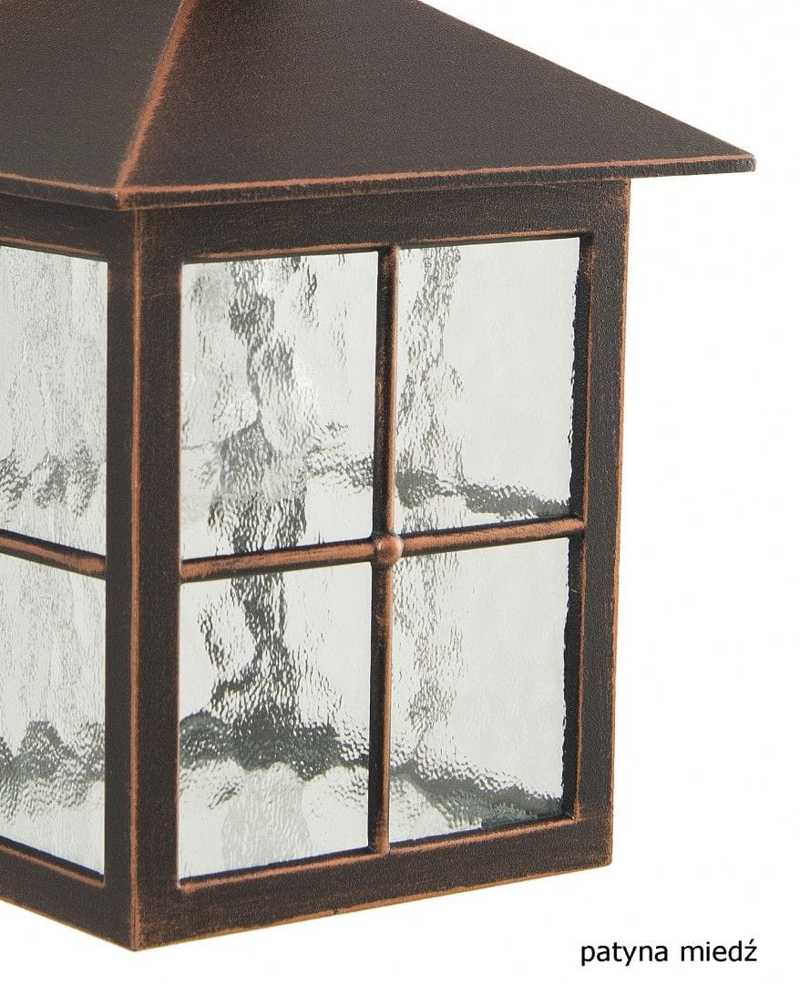 Lampa stojąca ogrodowa Wenecja H156, czarna, jednopunktowa. Konstrukcja z patynowanego metalu, z sześciokątnym kloszem i przezroczystym, fakturowanym szkłem. Widok z góry, ukazujący szczegóły kształtu i struktury.