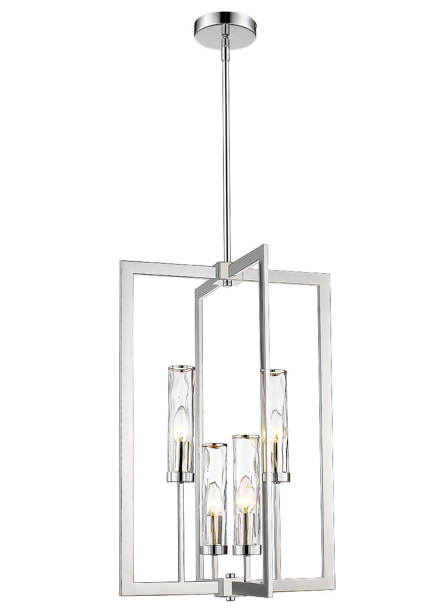 Lampa wisząca Oxford 4-punktowa w kolorze chromu, z czterema szklanymi kloszami o falistej strukturze. Produkt zwisający na długim przewodzie, w nowoczesnym, geometrycznym kształcie, idealny do wnętrz.