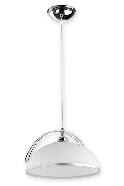 Lampa wisząca Flex O1487 CH z białym kloszem o okrągłym kształcie, zawieszona na cienkim przewodzie. Metalowe elementy w wykończeniu chromowanym. Ujęcie frontalne, ukazujące detal konstrukcji i stylowy design.