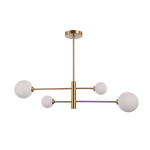 Złota lampa wisząca Dorado LP-002/4P z czterema białymi kulistymi kloszami. Produkt jest zawieszony na cienkiej, metalowej rurze, z równomiernie rozmieszczonymi źródłami światła, w nowoczesnym stylu.