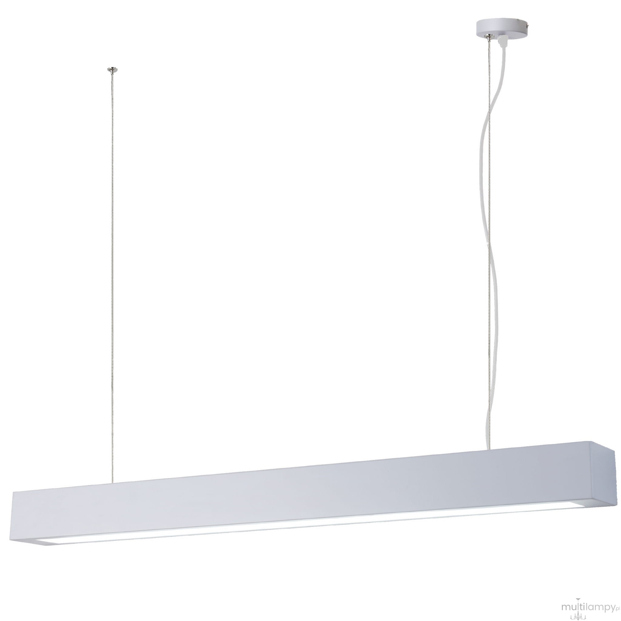 Lampa wisząca LED Ibros L93 w kolorze białym, prostokątna, zawieszona na dwóch cienkich linkach. Posiada nowoczesny, minimalistyczny design, idealna do oświetlenia wnętrz. Widoczna biała podsufitka, zamontowana na gładkim tle.