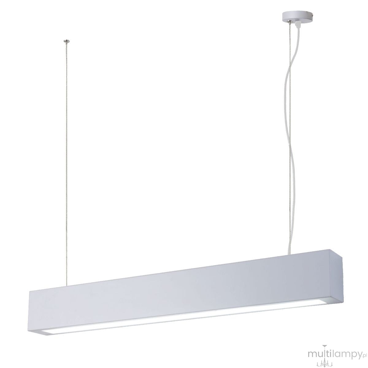 Biała lampa wisząca LED Ibros L63/18W/CCT o prostokątnym kształcie, zawieszona na dwóch cienkich linkach. Zintegrowane źródło światła LED umieszczone w dolnej części, metalowa konstrukcja. Idealna do nowoczesnych wnętrz.