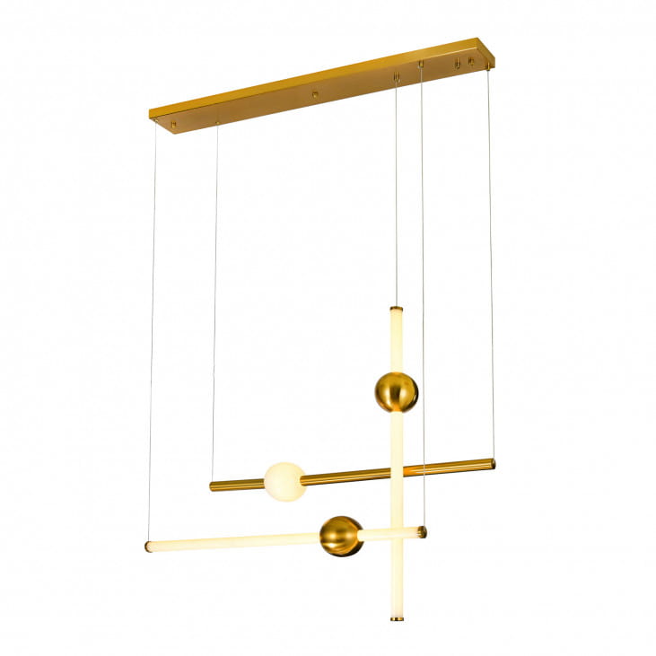 Halling LED lampa wisząca 3-punktowa PND-16357-CA-3 w złotym kolorze z trzema różnymi źródłami światła: dwoma okrągłymi kulami i jedną prostokątną rurką. Lampa zawieszona na cienkich linkach, z prostokątnym stelażem u góry.