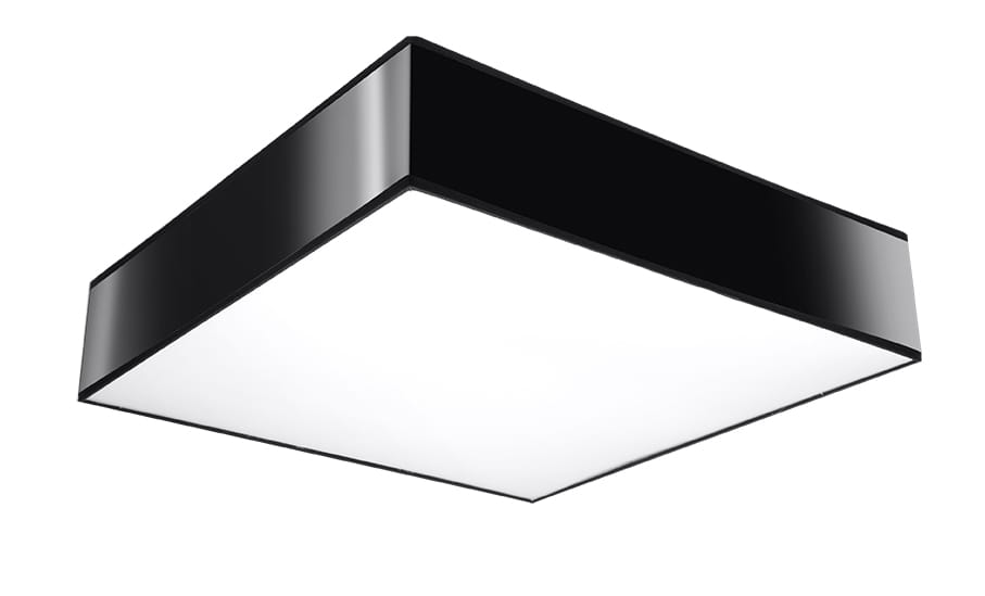 Lampa sufitowa Horus 25, 1-punktowa, o kwadratowym kształcie. Czarne, błyszczące wykończenie z matowym, białym kloszem. Ujęcie z dołu, ukazujące całą konstrukcję. Idealna do nowoczesnych wnętrz.