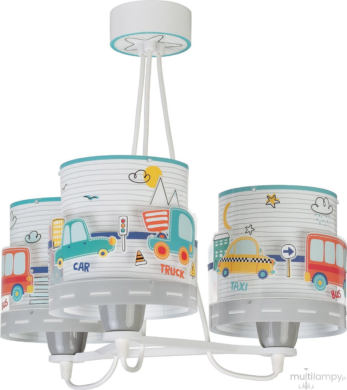 Lampa wisząca Baby Travel 3-punktowa z białym stelażem i trzema kloszami ozdobionymi kolorowymi samochodami, ciężarówkami i taksówkami na tle linii. Klosze mają niebieskie wykończenie i są zawieszone na trzech linkach.