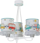 Lampa wisząca 3-punktowa Baby Travel w białej konstrukcji z kolorowymi kloszami przedstawiającymi pojazdy i drogowe znaki. Klosze mają niebieskie obrzeża, a całość utrzymana jest w stylu dziecięcym, idealna do pokoju dziecięcego.