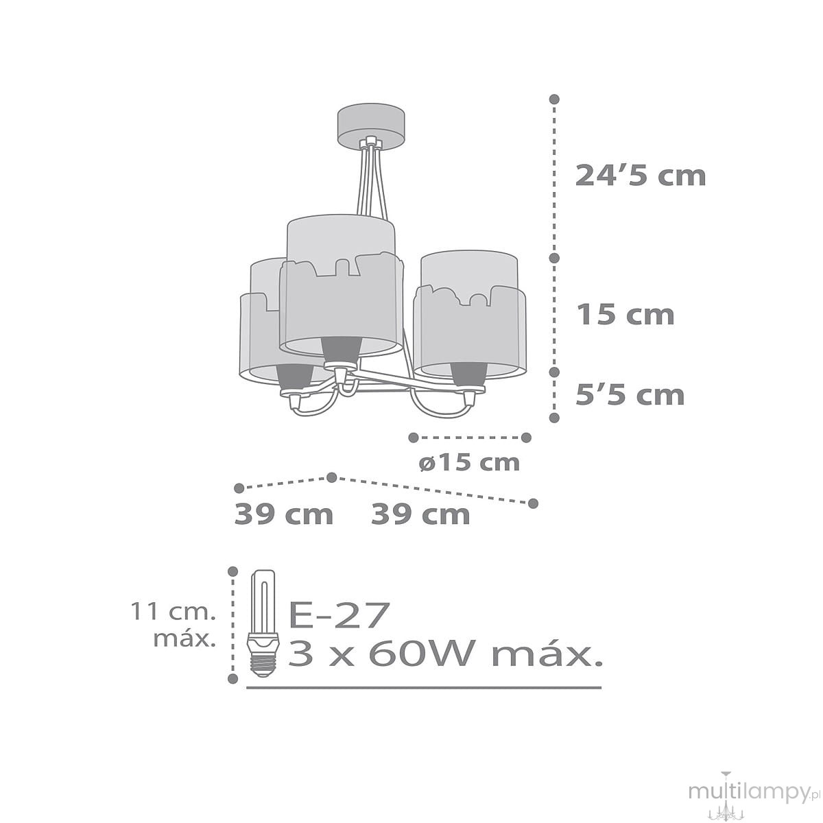Lampa wisząca Baby Travel, 3-punktowa, z trzema cylindrycznymi kloszami w kolorze szarym. Wymiary: średnica kloszy 15 cm, wysokość 24,5 cm. Umożliwia użycie trzech żarówek E-27 o maksymalnej mocy 60W. Montaż sufitowy.