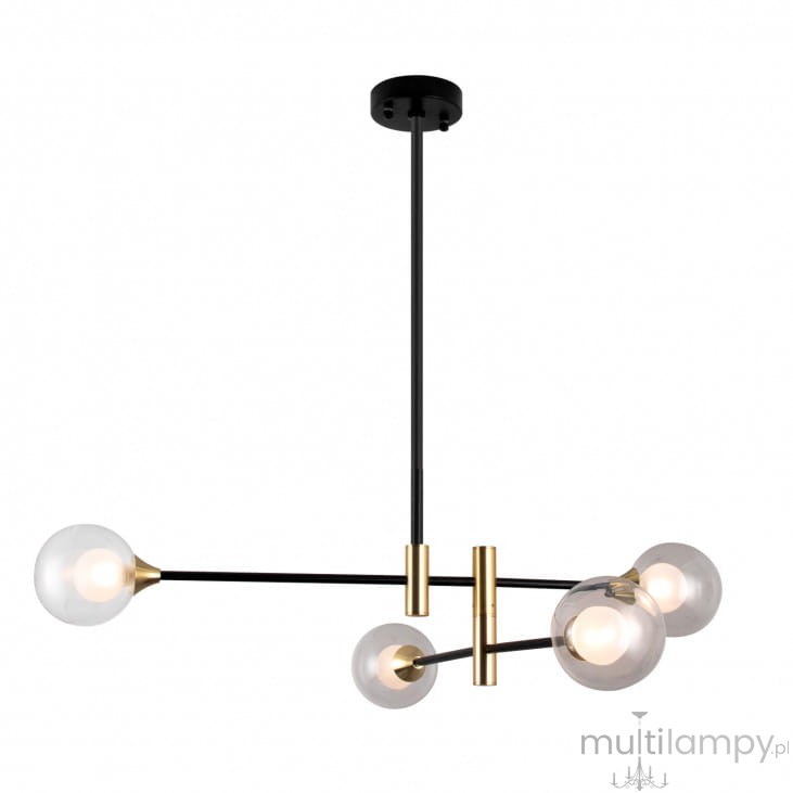 Lampa wisząca Marino 4-punktowa PND-9148-4 z czarnym metalowym stelażem i złotymi akcentami. Cztery przezroczyste klosze w kształcie kul, zawieszone na cienkich rurkach. Ujęcie frontalne, wisząca w pozycji centralnej.