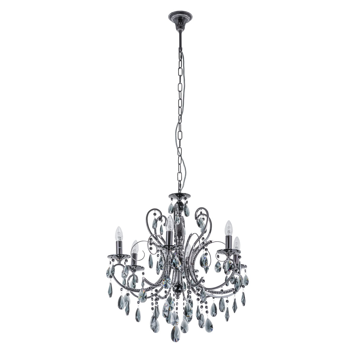 Żyrandol Barocco Black 6-punktowy MD72709-6B, w kolorze czarnym, z metalowymi ramionami i wiszącymi kryształowymi dekoracjami. Produkt zawieszony na łańcuchu, z sześcioma miejscami na żarówki, w eleganckim, klasycznym stylu.
