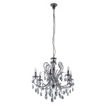 Żyrandol Barocco Black 6-punktowy MD72709-6B, w kolorze czarnym, z metalowymi ramionami i wiszącymi kryształowymi dekoracjami. Produkt zawieszony na łańcuchu, z sześcioma miejscami na żarówki, w eleganckim, klasycznym stylu.