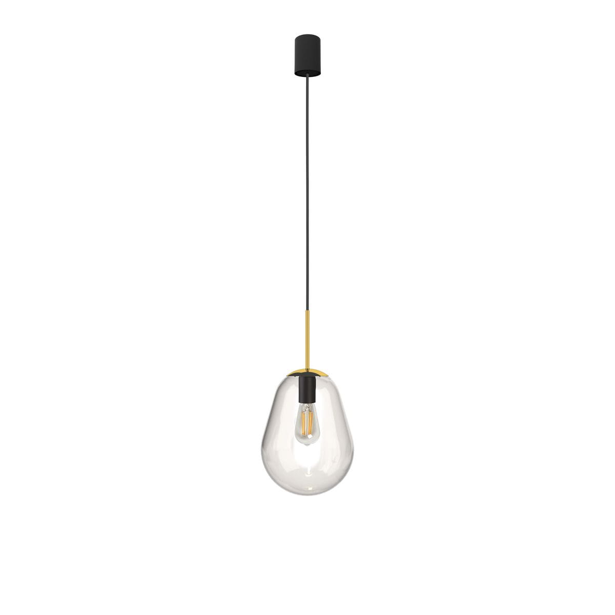 Lampa wisząca Pear S 1-punktowa w kształcie kropli, z przezroczystym kloszem, czarnym przewodem i złotym detalem. Zawieszona na prostym, czarnym mocowaniu, idealna do nowoczesnych wnętrz.