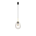 Lampa wisząca Pear S 1-punktowa w kształcie kropli, z przezroczystym kloszem, czarnym przewodem i złotym detalem. Zawieszona na prostym, czarnym mocowaniu, idealna do nowoczesnych wnętrz.