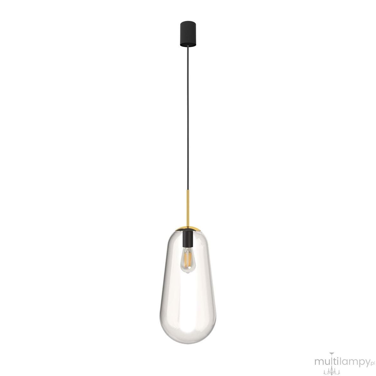 Lampa wisząca Pear L, 1-punktowa, z przezroczystym, szklanym kloszem w kształcie kropli. Zawieszona na czarnym przewodzie, z elementem w kolorze złotym. Uchwyt z czarnego materiału. Prosta, nowoczesna forma, idealna do wnętrz.