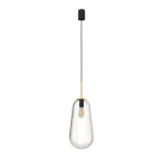 Lampa wisząca Pear L, 1-punktowa, z przezroczystym, szklanym kloszem w kształcie kropli. Zawieszona na czarnym przewodzie, z elementem w kolorze złotym. Uchwyt z czarnego materiału. Prosta, nowoczesna forma, idealna do wnętrz.